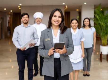 Happy Latin American hotel manager leading a group of employees at the lobby and looking at the camera smiling